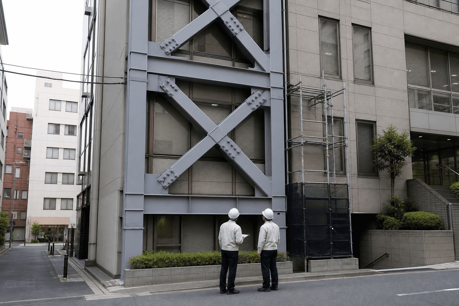 外付け耐震ブレースを設置した既存オフィスビル