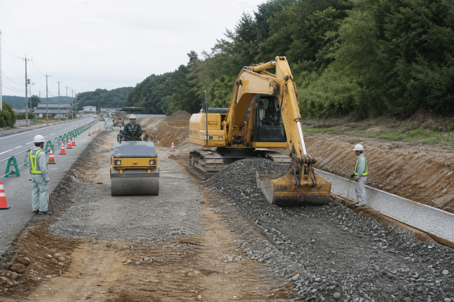 道路整備と掘削を行う土木工事現場